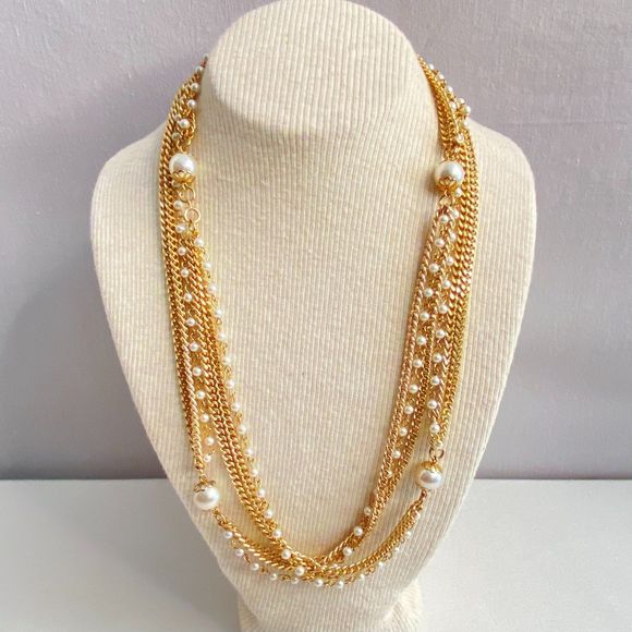 Sarah Coventry Opera Station Necklace layered Gold Tone Chains Faux Pearl Accent - Picture 2 of 11
